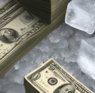 Stacks of money on top of ice cubes.