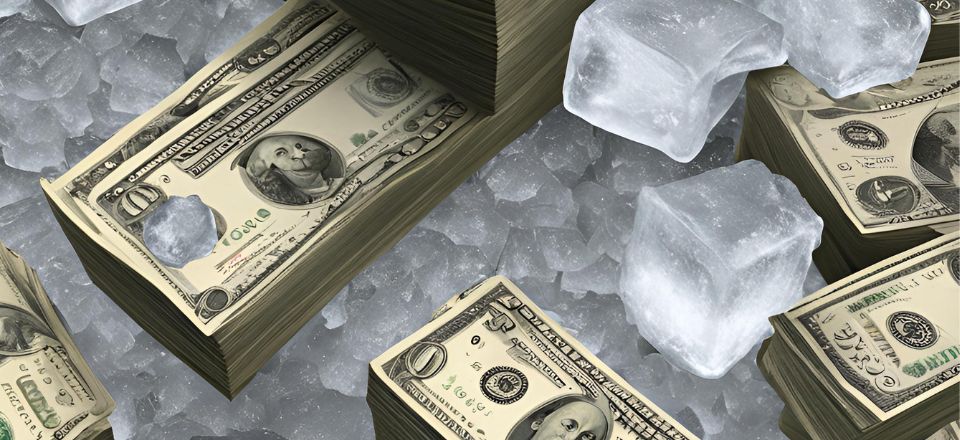 Stacks of money on top of ice cubes.