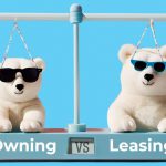 Two polar bears on a balance scale with text "Owning vs Leasing" below it. An ice machine is on each side as well.
