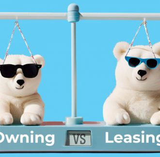 Two polar bears on a balance scale with text "Owning vs Leasing" below it. An ice machine is on each side as well.