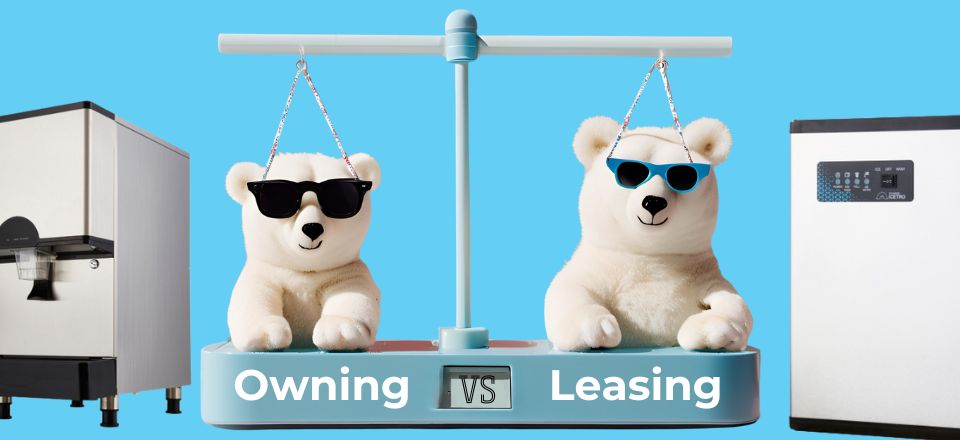 Two polar bears on a balance scale with text "Owning vs Leasing" below it. An ice machine is on each side as well.